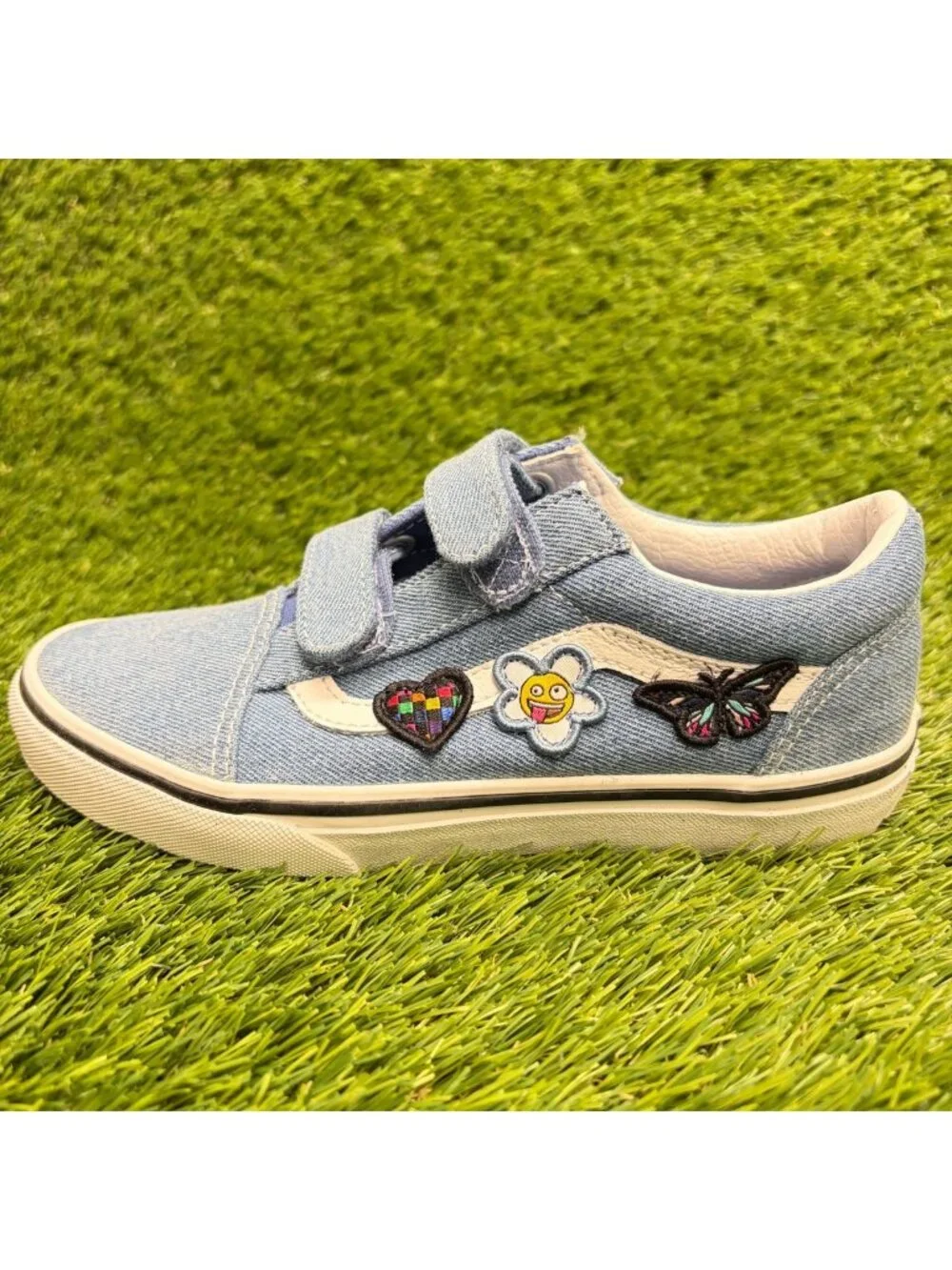 Vans Old Skool V Boys Size 2.5Y Denim Blue White Athletic Skate Shoes Sneakers